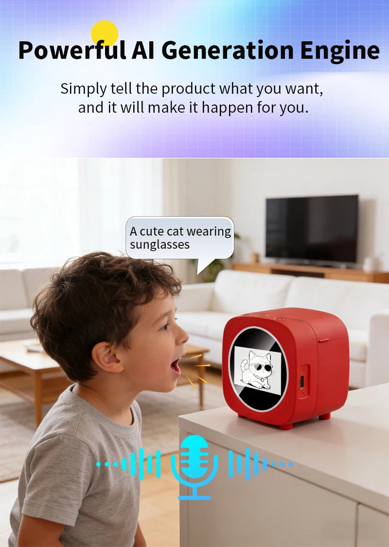 New AI Sticker Box AI Voice Activated Sticker Maker for Kids Instant Inkless Thermal Printer with Push-to-Talk Image Generation