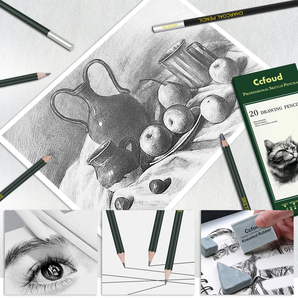 6/29 pcs Pro Sketching Drawing Pencils Set with Roll-Up Nylon Case,14 Graphite Pencils (14B-5H), Charcoal Pencils,Erasers