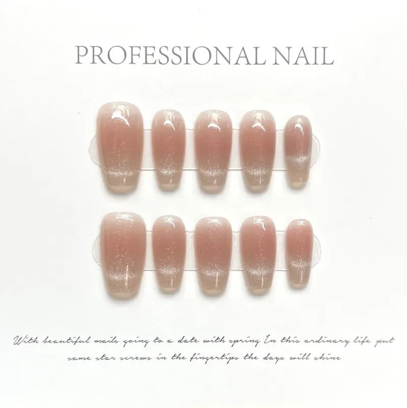 Handmade Summer French Gradient High Quality Simpler Fake Nails with Charms Cat Eye Medium Press on Nails Set with Box and Tools