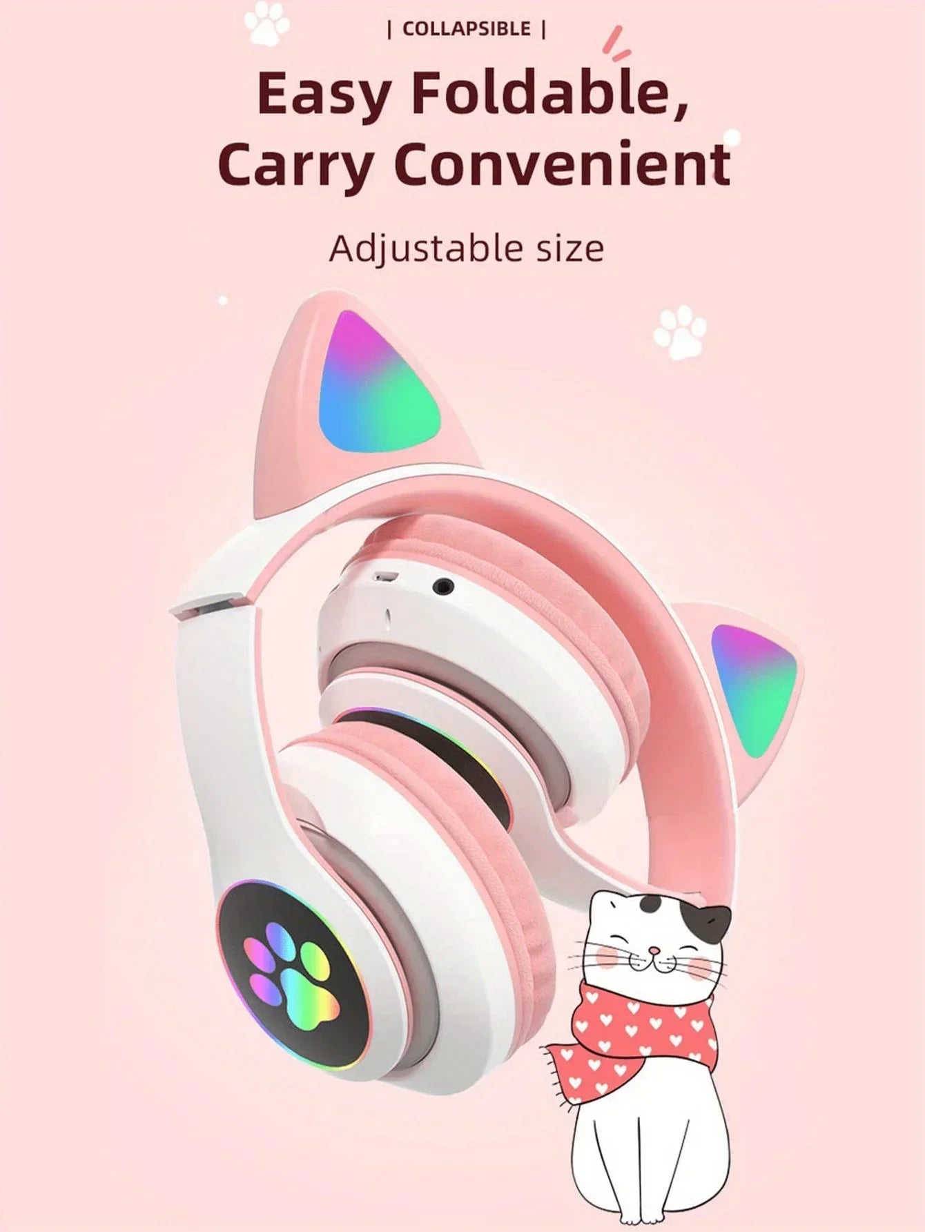Flash Light Cute Cat Ears Wireless Headphone with Mic Control LED Kid Girl Stereo Music Helmet Phone Bluetooth Headset Gift