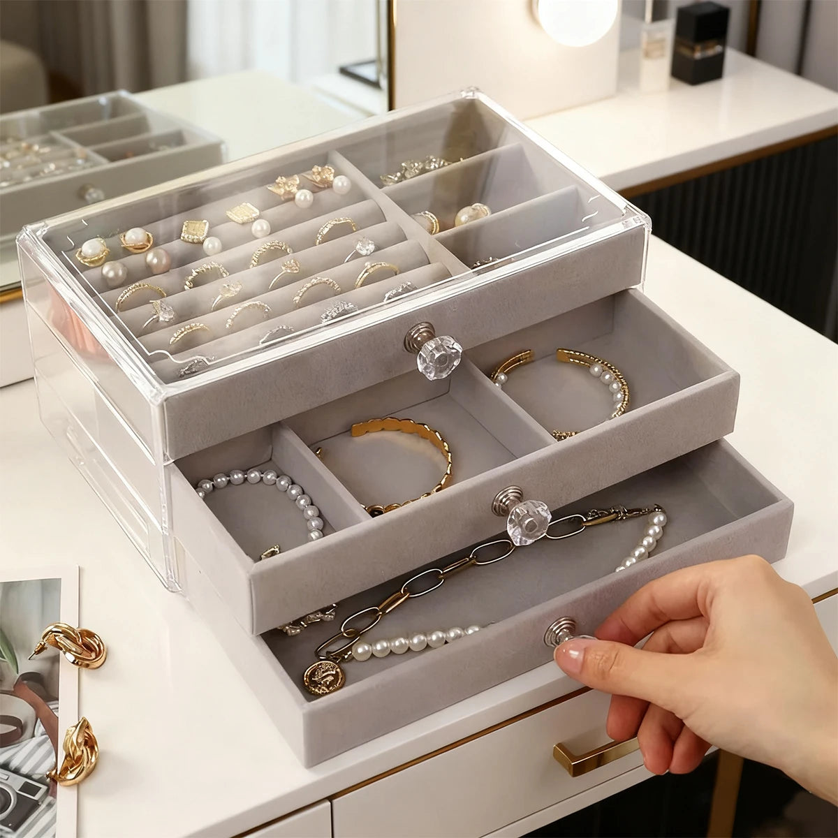 1PC Stackable 3 Layers Drawer Style Jewelry Box Beige Gray Desktop Storage Organizer for Earrings Rings Necklaces Bracelets