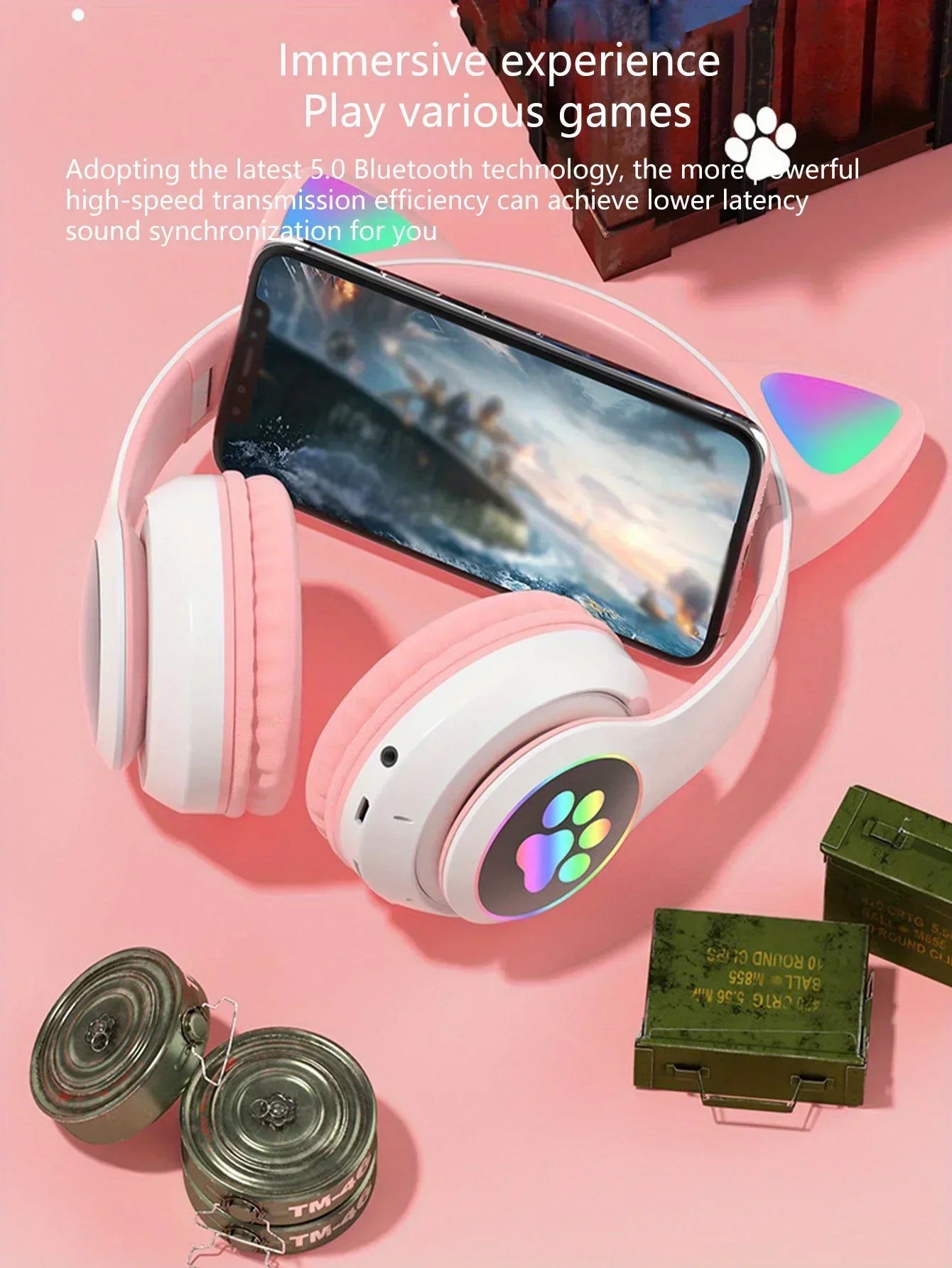 Flash Light Cute Cat Ears Wireless Headphone with Mic Control LED Kid Girl Stereo Music Helmet Phone Bluetooth Headset Gift