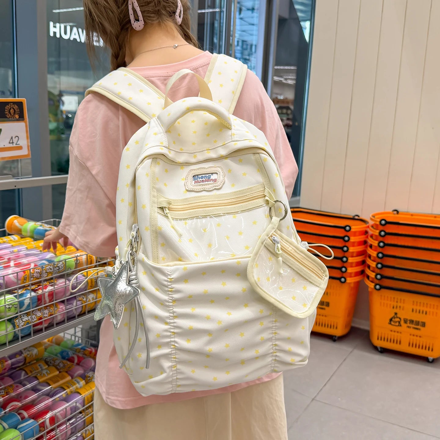 Women's Nylon Star Print Transparent Pocket Backpack Cute Casual Daily School Book Back Packs 2026 Girls Nylon Cute Backpacks
