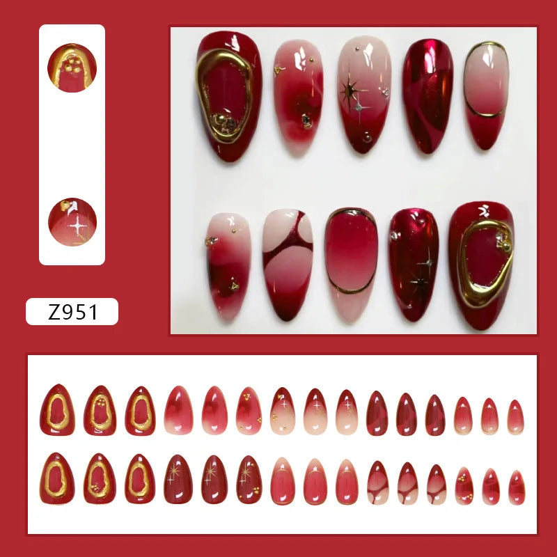 24pcs Deep Red Simple French Fake Nails Baroque Starry Ins Press on Nails For Women Wearable Detahcble Short Almond Fake Nails