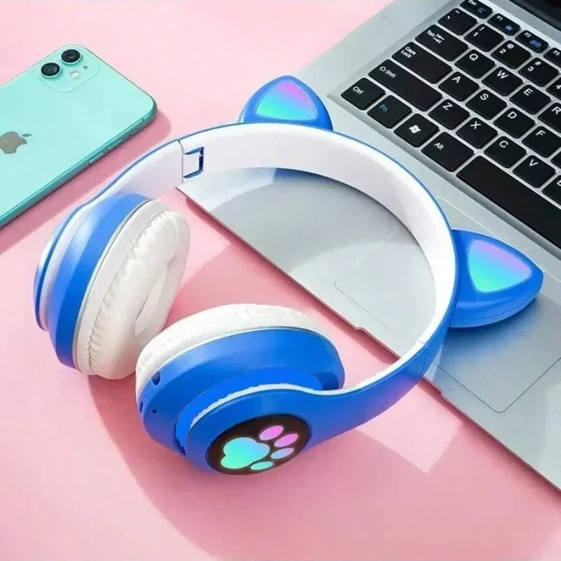 Flash Light Cute Cat Ears Wireless Headphone with Mic Control LED Kid Girl Stereo Music Helmet Phone Bluetooth Headset Gift