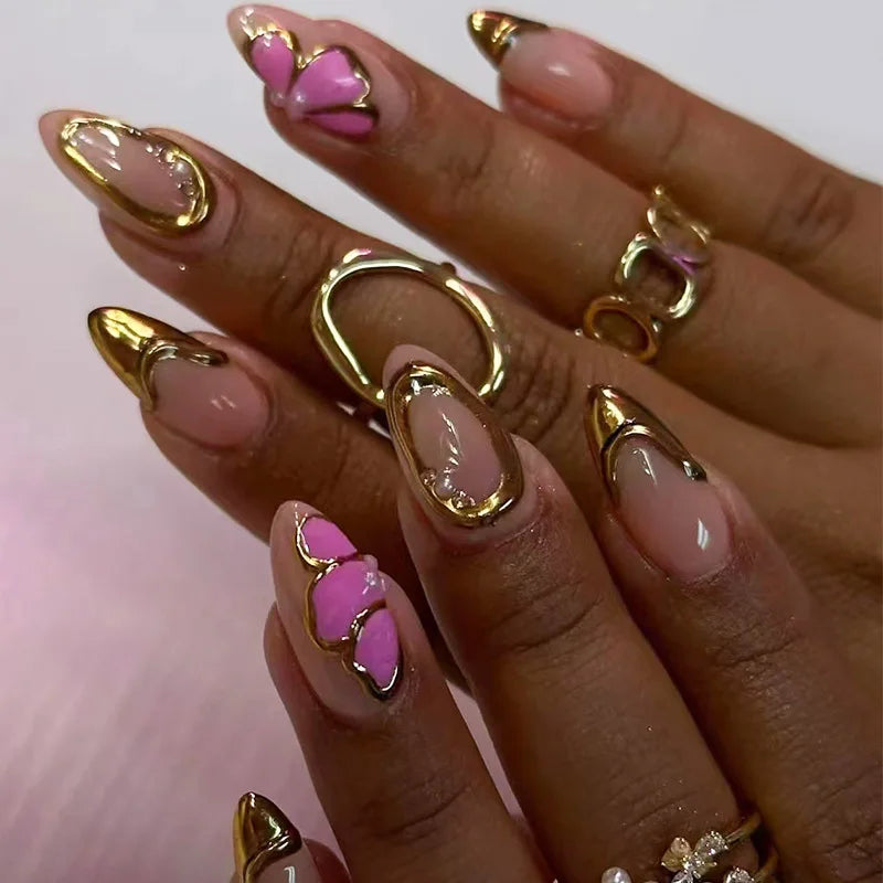 24pcs Deep Red Simple French Fake Nails Baroque Starry Ins Press on Nails For Women Wearable Detahcble Short Almond Fake Nails
