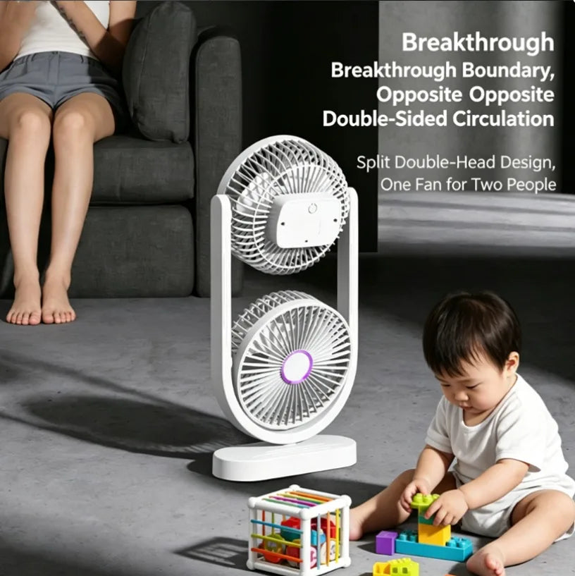 Portable Turbo Desk Fan 3 Speeds Ultra Quiet Type-C Rechargeable Dual Head Air Circulation Fan for All USB Power Sources