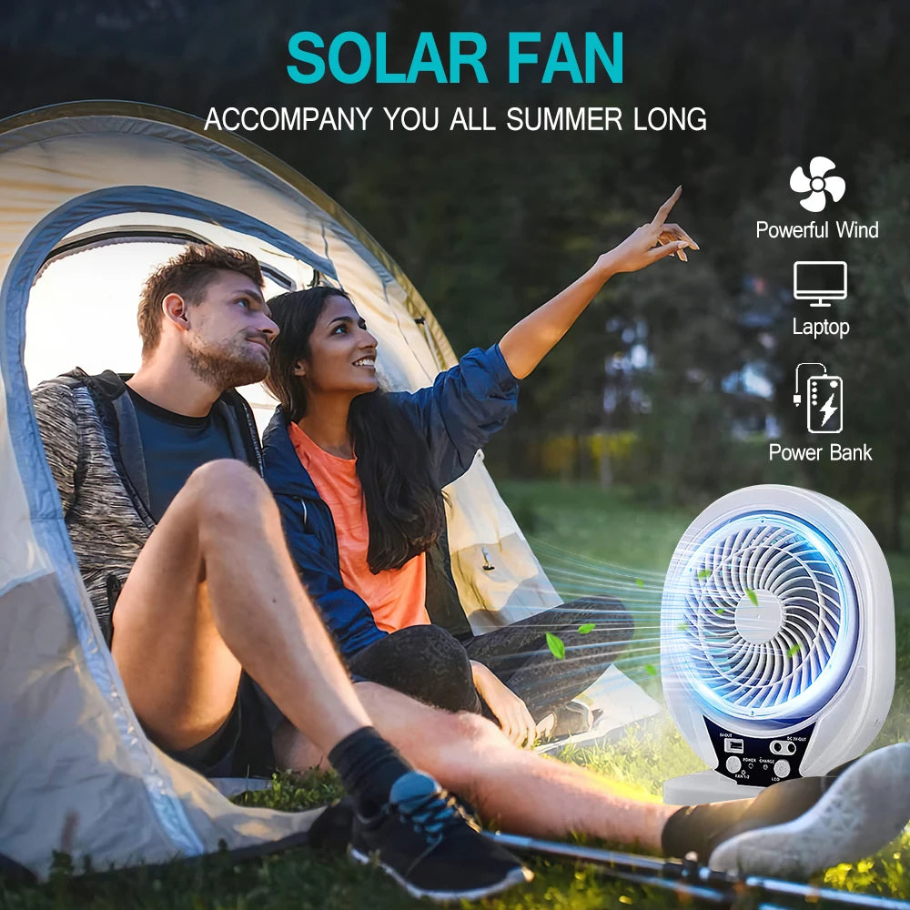 Portable Solar Fan Rechargeable Solar Powered Camping Fan with LED Bulb USB Ports Home Office Cooling Air Fan