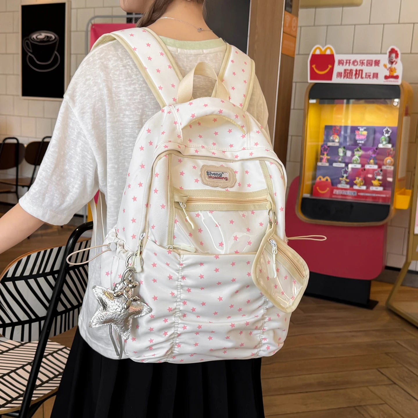 Women's Nylon Star Print Transparent Pocket Backpack Cute Casual Daily School Book Back Packs 2026 Girls Nylon Cute Backpacks