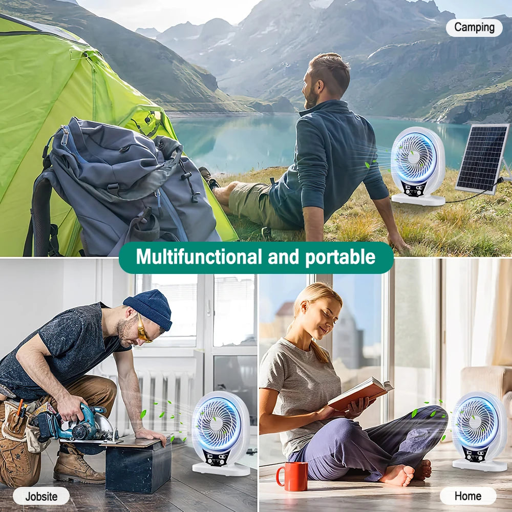 Portable Solar Fan Rechargeable Solar Powered Camping Fan with LED Bulb USB Ports Home Office Cooling Air Fan