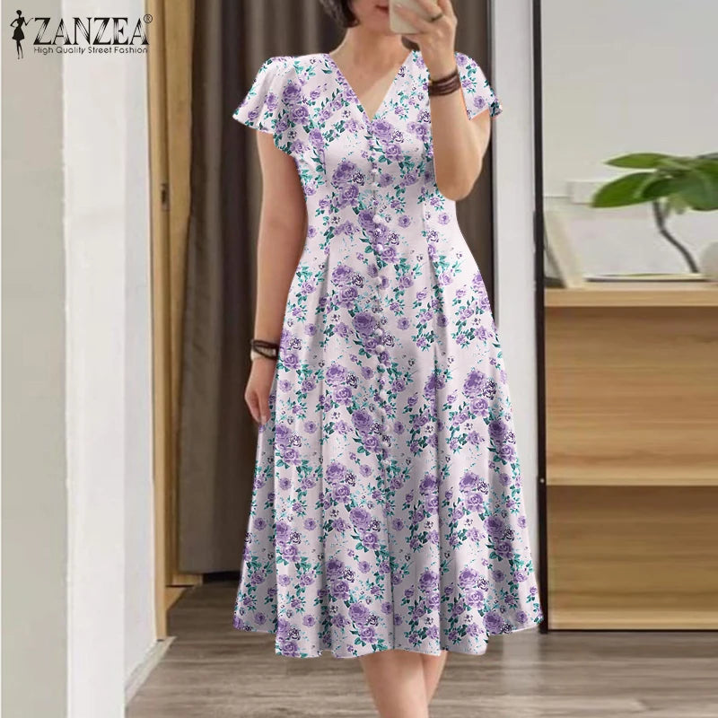 ZANZEA Women Fashion All-over Floral Print Party Dress Elegant V Neck Ruffle Short Sleeve Midi Dresses Casual A-line Vestidos