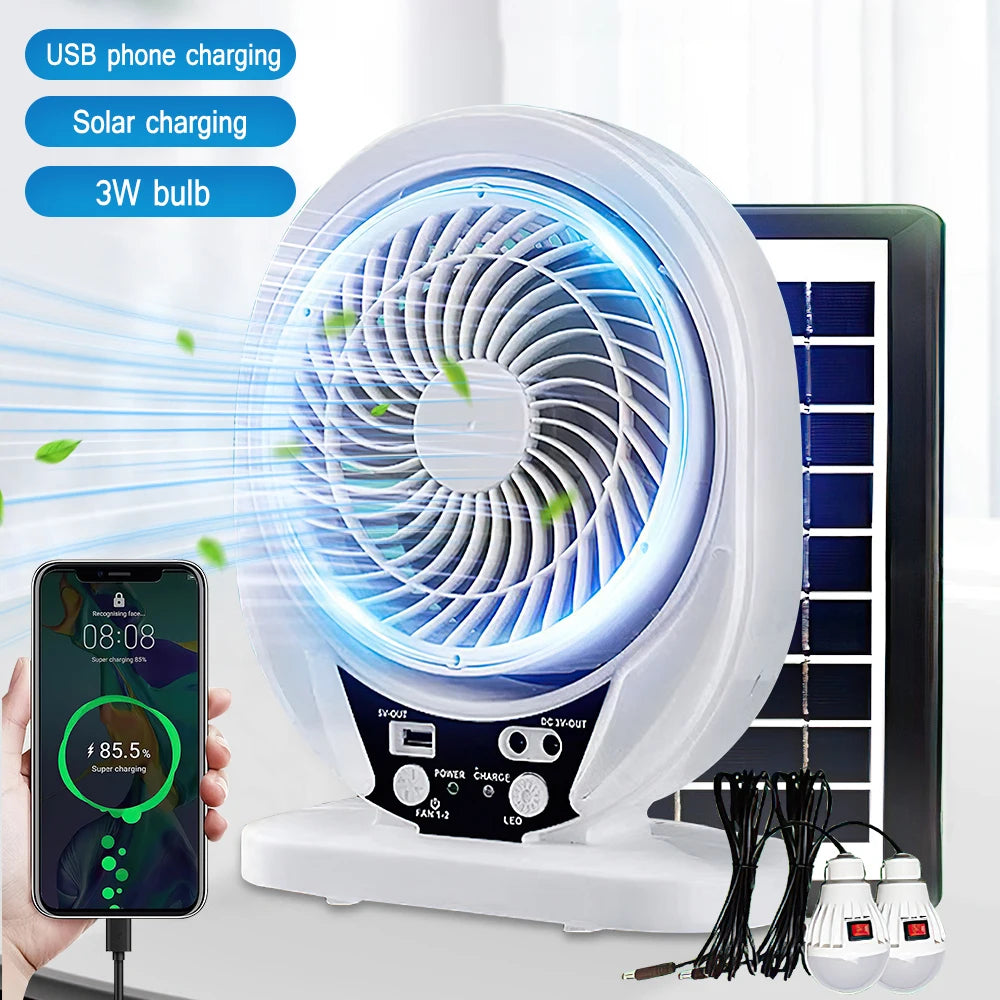 Portable Solar Fan Rechargeable Solar Powered Camping Fan with LED Bulb USB Ports Home Office Cooling Air Fan