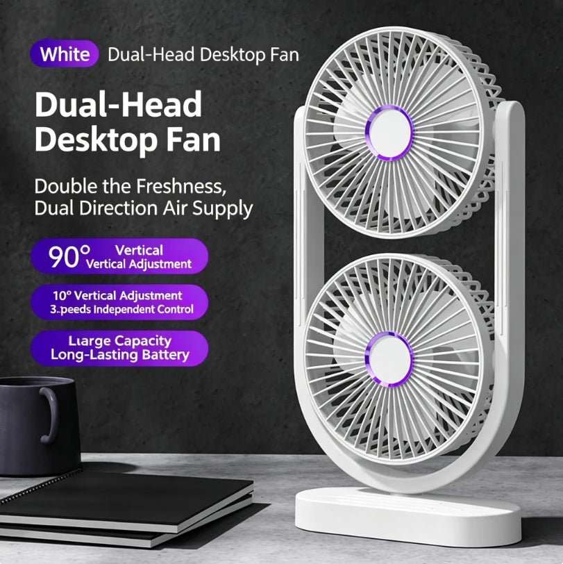 Portable Turbo Desk Fan 3 Speeds Ultra Quiet Type-C Rechargeable Dual Head Air Circulation Fan for All USB Power Sources