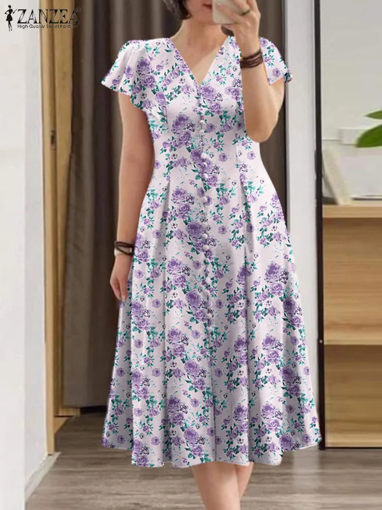 ZANZEA Women Fashion All-over Floral Print Party Dress Elegant V Neck Ruffle Short Sleeve Midi Dresses Casual A-line Vestidos