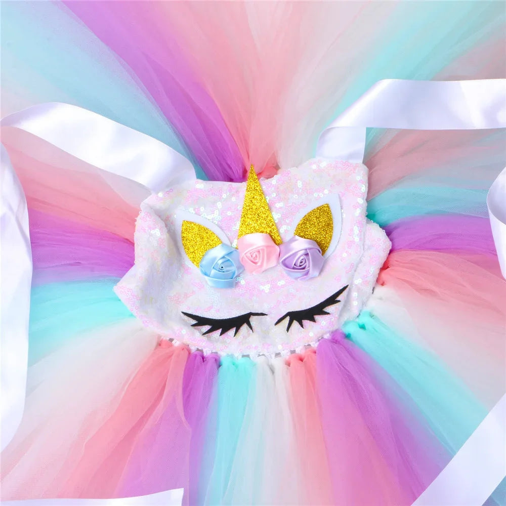 Sequins Girls Unicorn Tutu Dress Costume Flower Girls Tulle Princess Dress Toddler Kids Halloween Birthday Party Dress Up Outfit