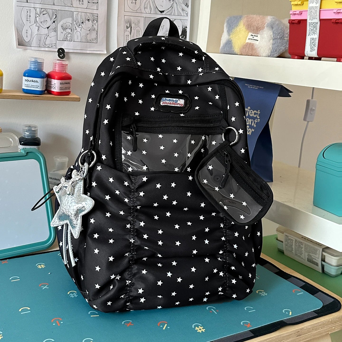 Women's Nylon Star Print Transparent Pocket Backpack Cute Casual Daily School Book Back Packs 2026 Girls Nylon Cute Backpacks