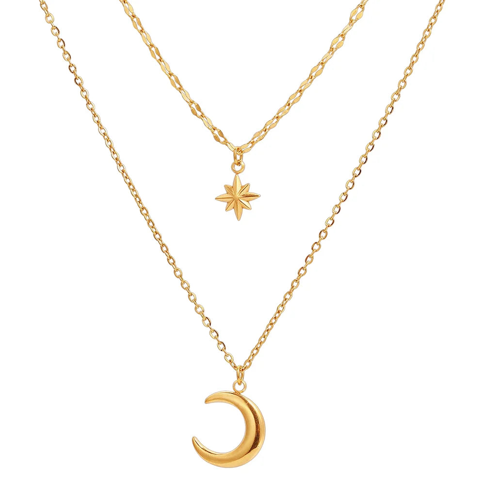 DOTIFI Stainless Steel Eight-Pointed Star Moon Pendant Double-Layer Necklace Women's Fashion Minimalist Commuter Chain Jewelry