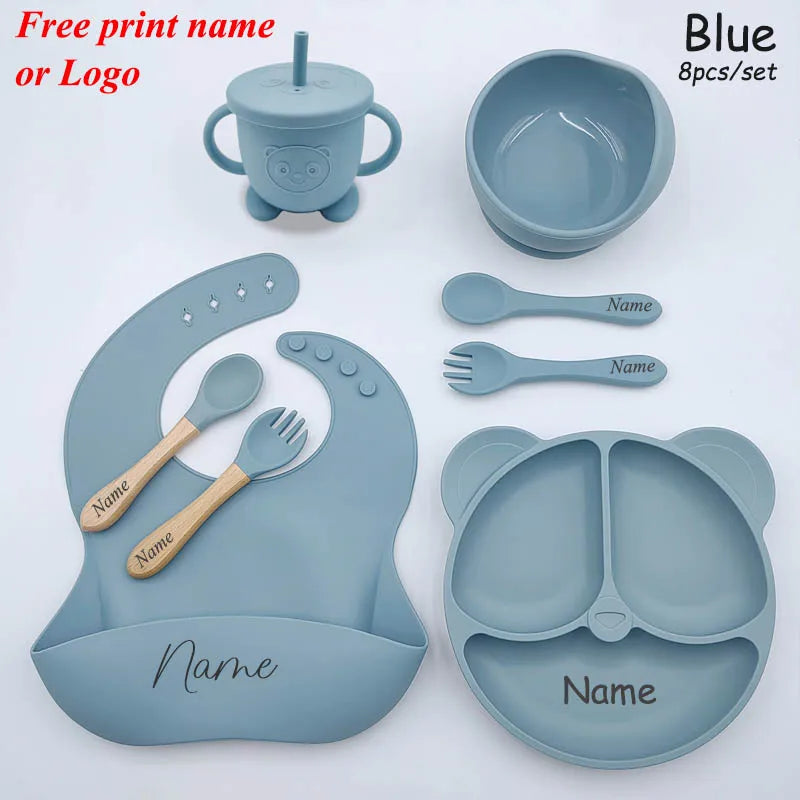 Baby Feeding Plate For Kids Personalized Baby's Name Feeding Sets Cartoon Bear Plate Customized Silicone Tableware For Children
