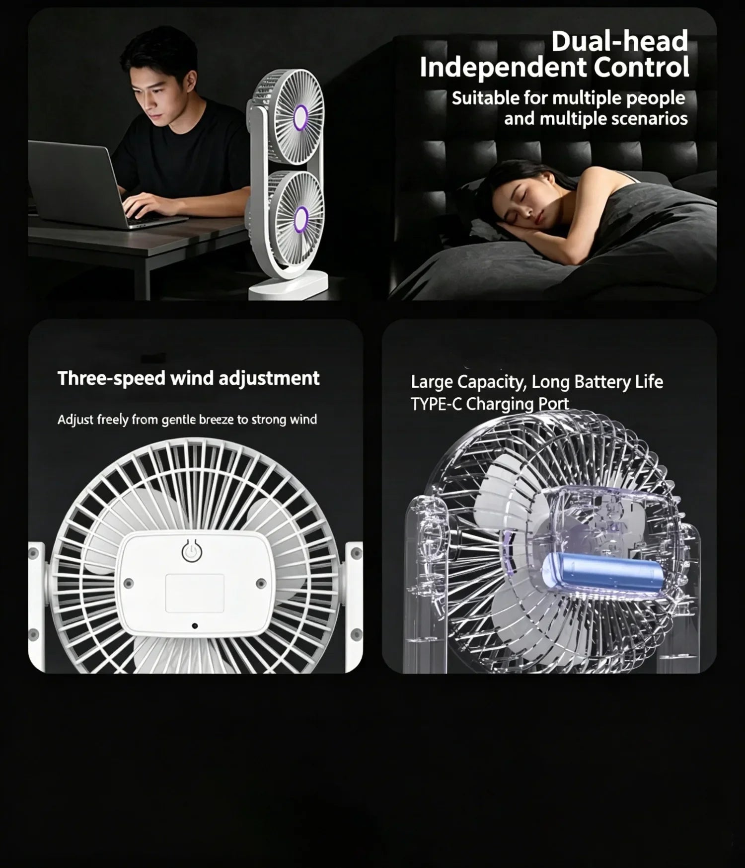 Portable Turbo Desk Fan 3 Speeds Ultra Quiet Type-C Rechargeable Dual Head Air Circulation Fan for All USB Power Sources