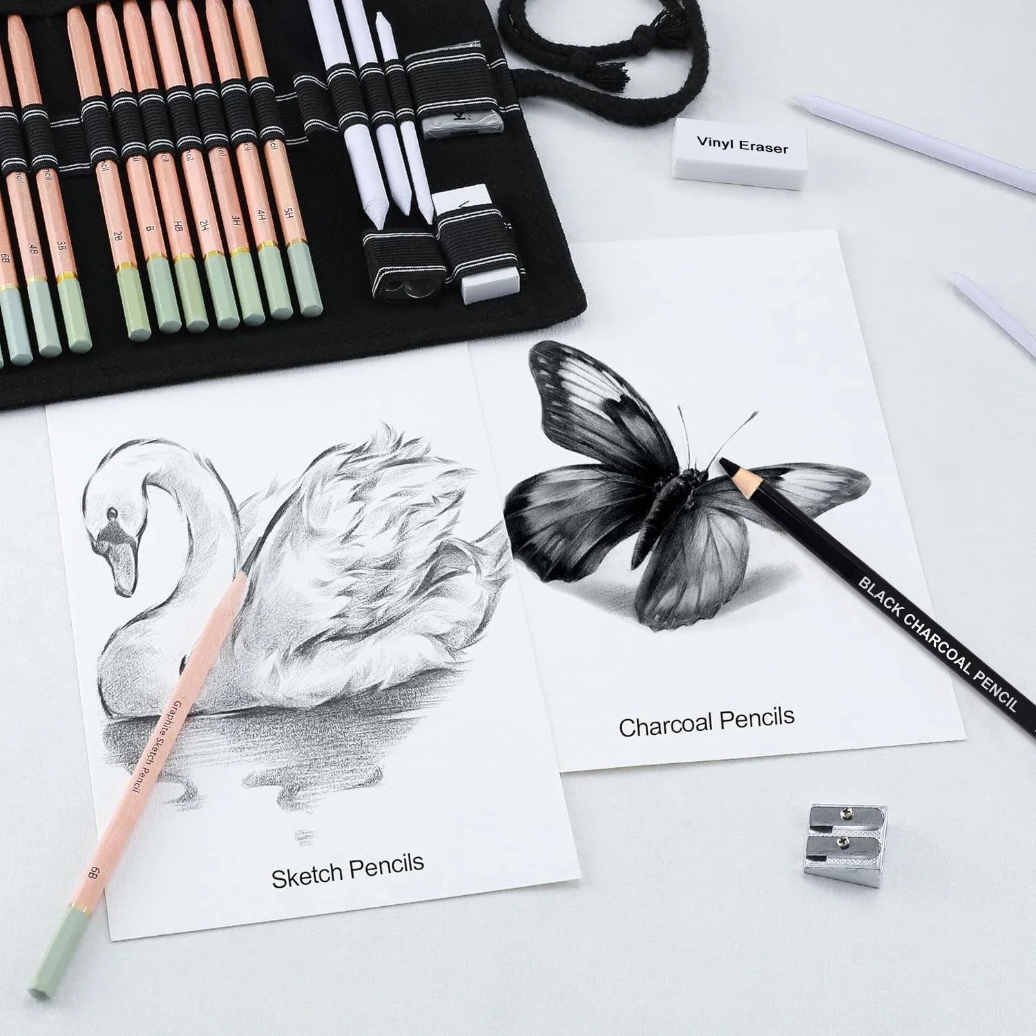 6/29 pcs Pro Sketching Drawing Pencils Set with Roll-Up Nylon Case,14 Graphite Pencils (14B-5H), Charcoal Pencils,Erasers