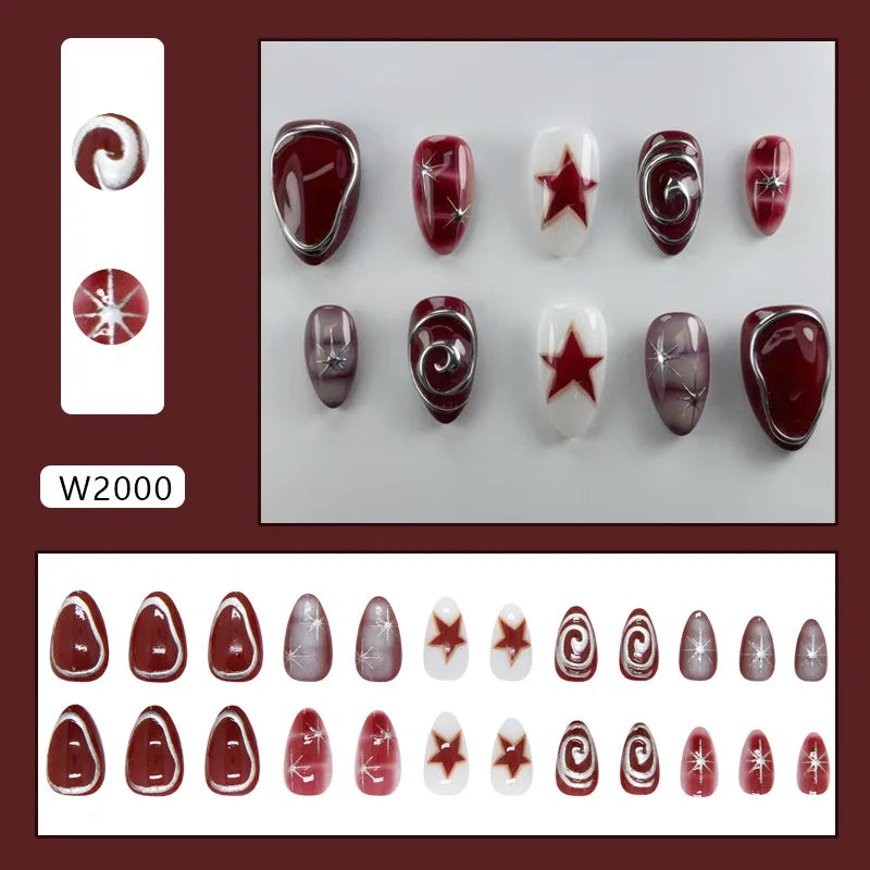 24pcs Deep Red Simple French Fake Nails Baroque Starry Ins Press on Nails For Women Wearable Detahcble Short Almond Fake Nails