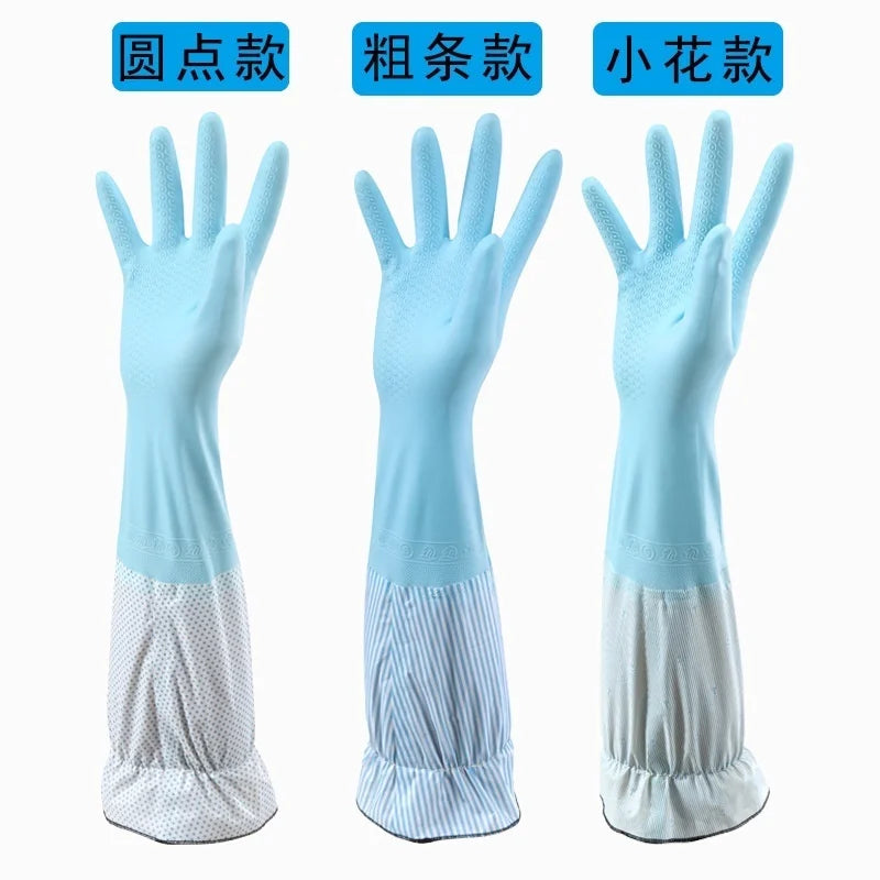 1 Pair Fashion Hemming Plus Velvet Warm Housework Gloves Kitchen Clean Durable Dish Washing Rubber Gloves