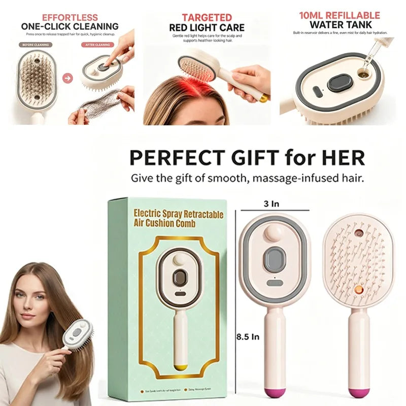 HOT Electric Spray Hair Comb Air Cushion Massage 3 in 1 Self Cleaning Steam