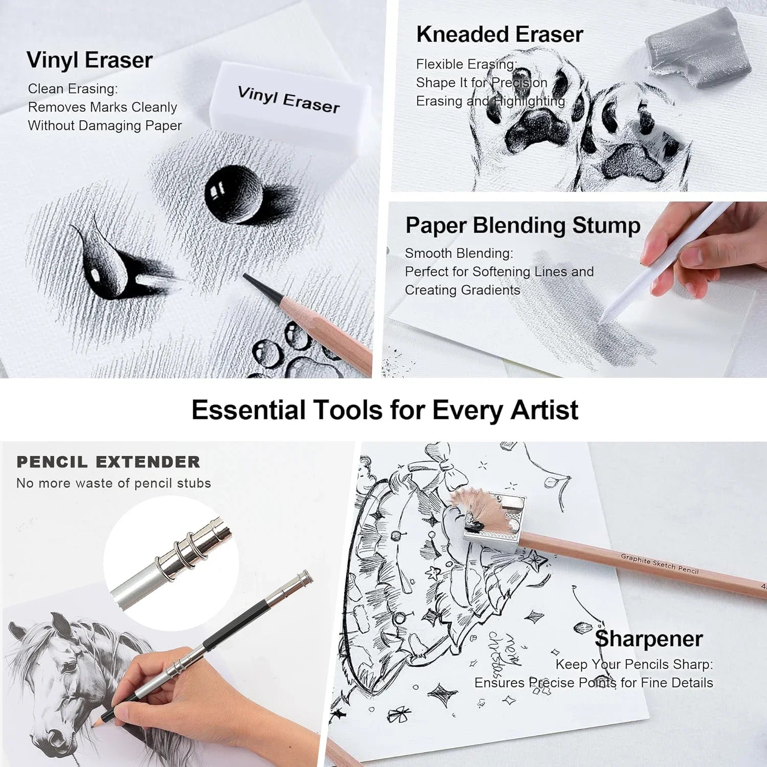 6/29 pcs Pro Sketching Drawing Pencils Set with Roll-Up Nylon Case,14 Graphite Pencils (14B-5H), Charcoal Pencils,Erasers