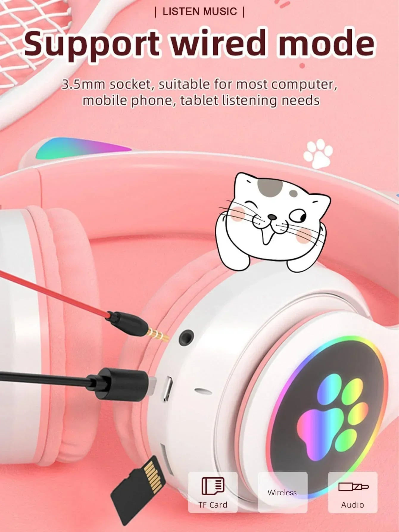 Flash Light Cute Cat Ears Wireless Headphone with Mic Control LED Kid Girl Stereo Music Helmet Phone Bluetooth Headset Gift