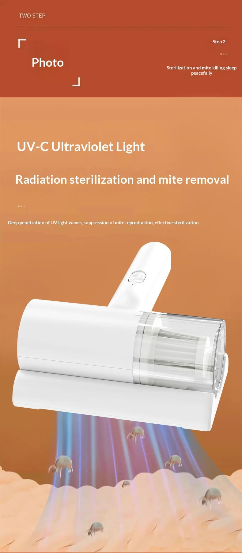 UV-C Sterilizing Cordless Handheld Vacuum, HEPA Filtration & Warm Air Dryer, Efficient Dust Mite Cleaner for Bedding, Sofa