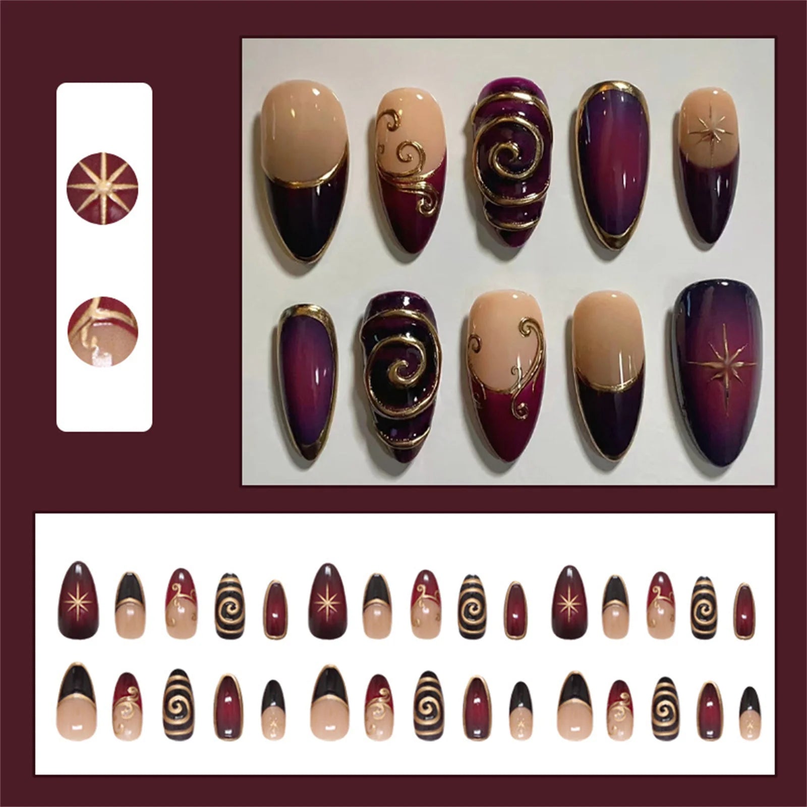24pcs Deep Red Simple French Fake Nails Baroque Starry Ins Press on Nails For Women Wearable Detahcble Short Almond Fake Nails