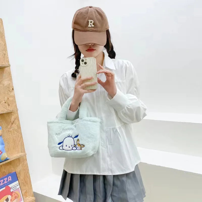 Sanrio Cinnamoroll Pochacco Plush Bag Kawaii Soft Plushies Handbag Cute Storage Bag Shopping Bags Women Girls Gifts
