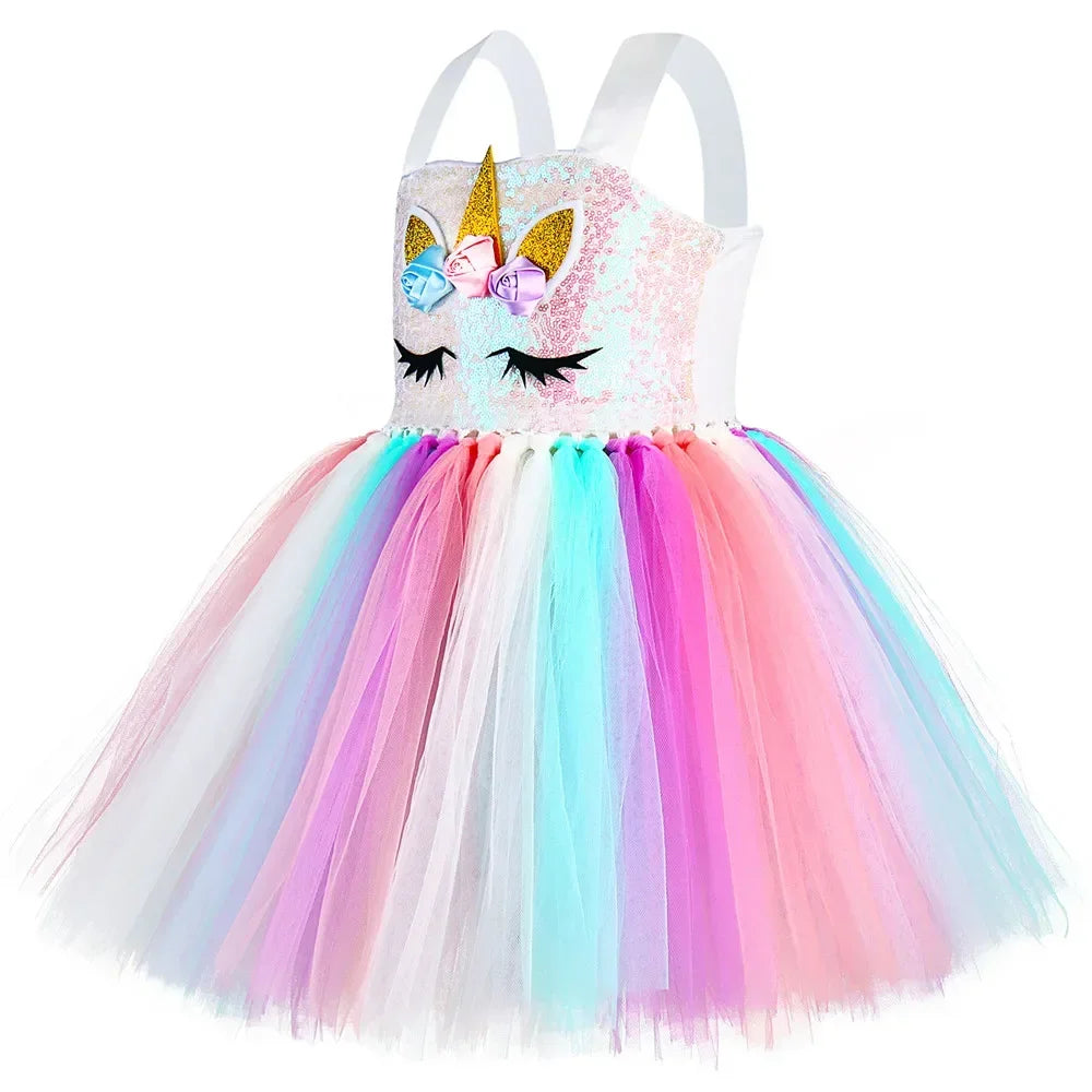 Sequins Girls Unicorn Tutu Dress Costume Flower Girls Tulle Princess Dress Toddler Kids Halloween Birthday Party Dress Up Outfit