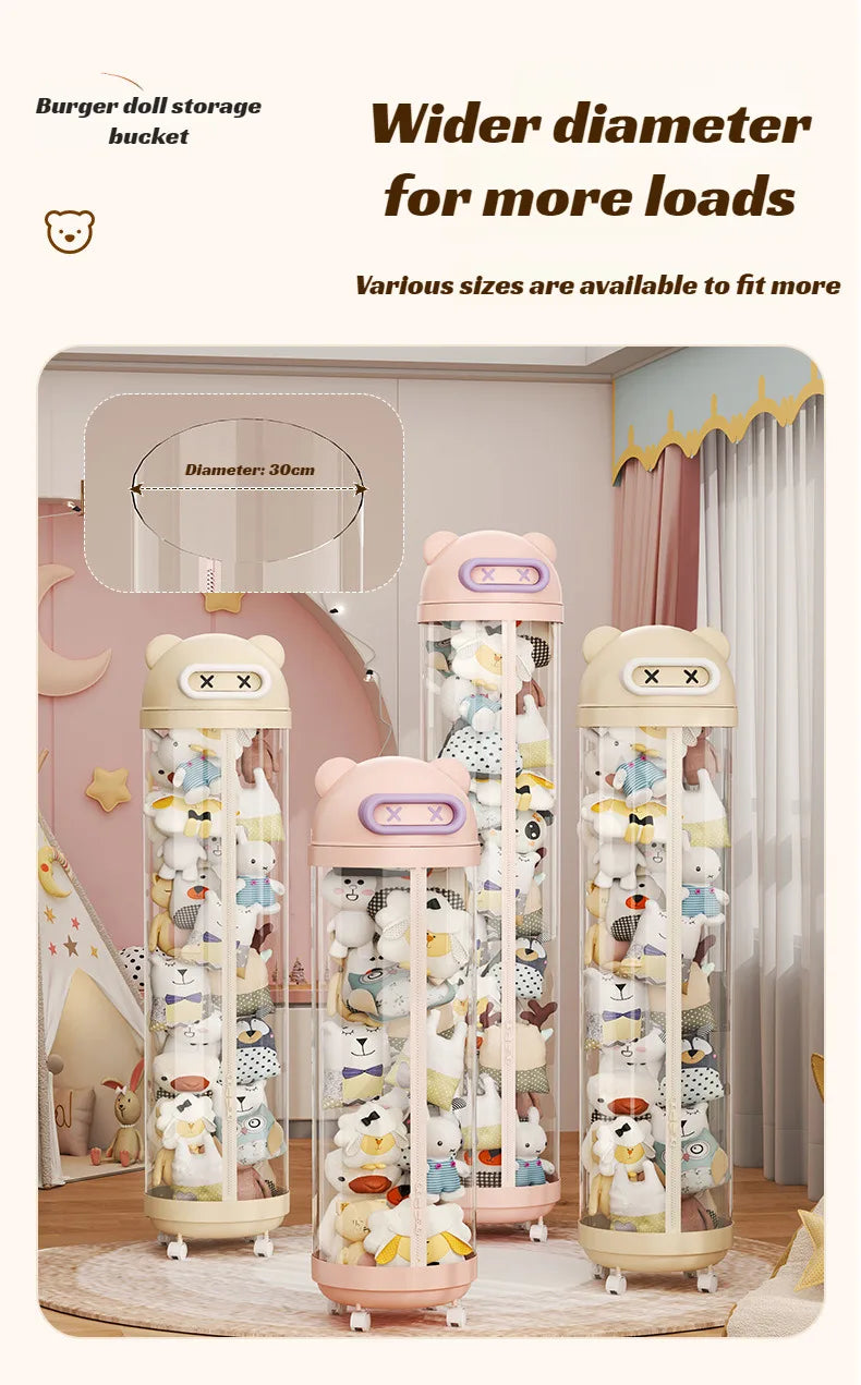 Large Transparent Toy Storage Bucket with Wheels – Kids’ Plush Organizer