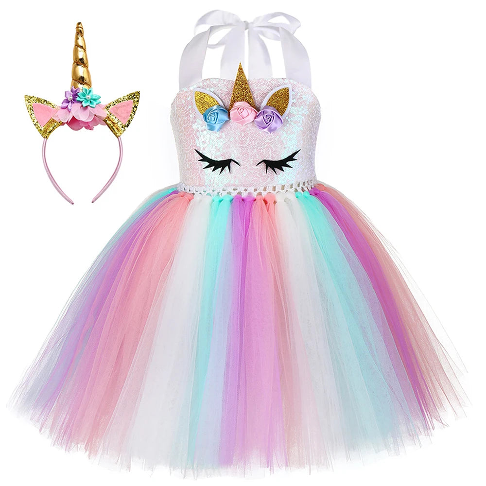 Sequins Girls Unicorn Tutu Dress Costume Flower Girls Tulle Princess Dress Toddler Kids Halloween Birthday Party Dress Up Outfit